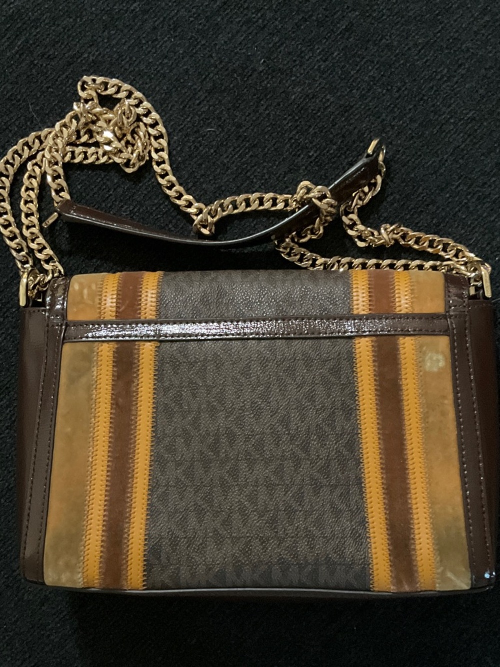 Michael Kors Brown and Mustard Striped Shoulder Bag with Gold Adjustable Chain - Picture 5 of 16